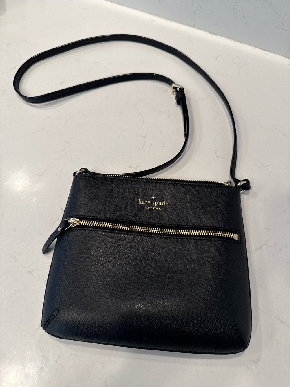 kate spade Black Saffiano Leather Crossbody with Gold Zip